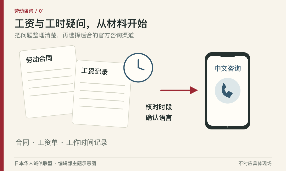 劳动合同、工资记录与中文咨询电话的主题示意图。编辑部主题示意图，不对应具体现场。