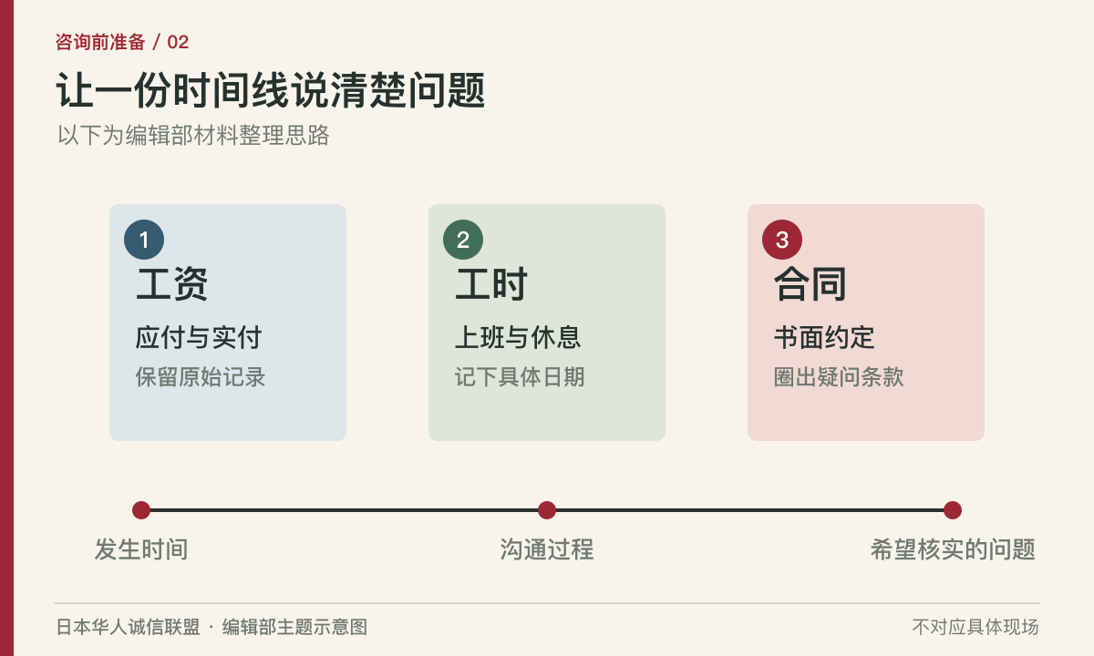 工资、工时、合同三类材料与事实时间线示意图。编辑部主题示意图，不对应具体现场。