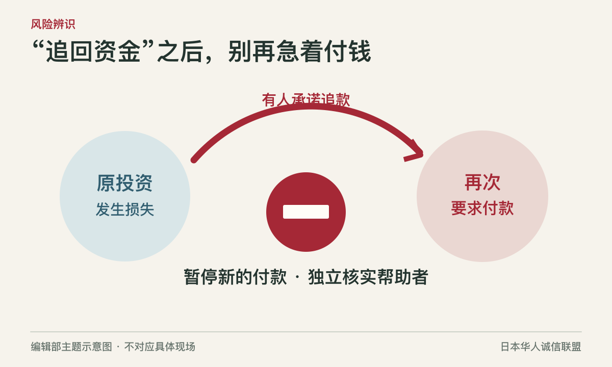 原投资损失与追款方再次索钱之间的暂停标记，表现二次受害风险。编辑部主题示意图，不对应具体现场。
