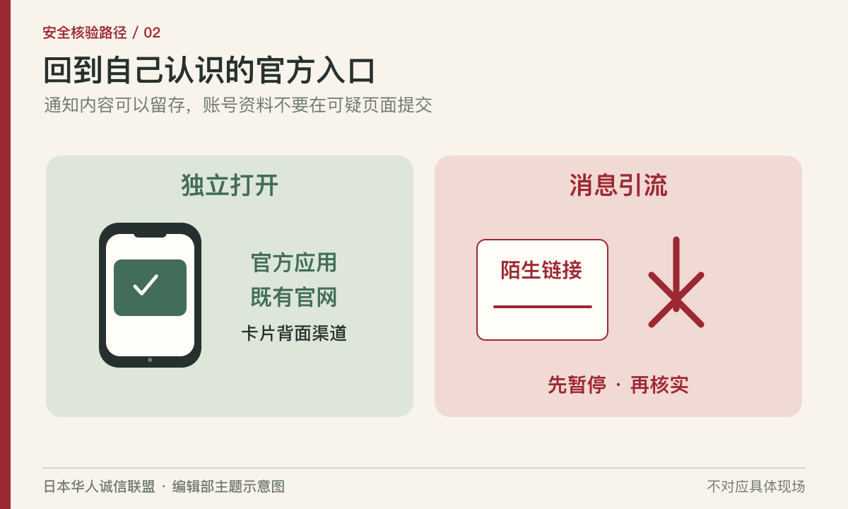 独立官方入口与消息内陌生链接的核验路径对照图。编辑部主题示意图，不对应具体现场。